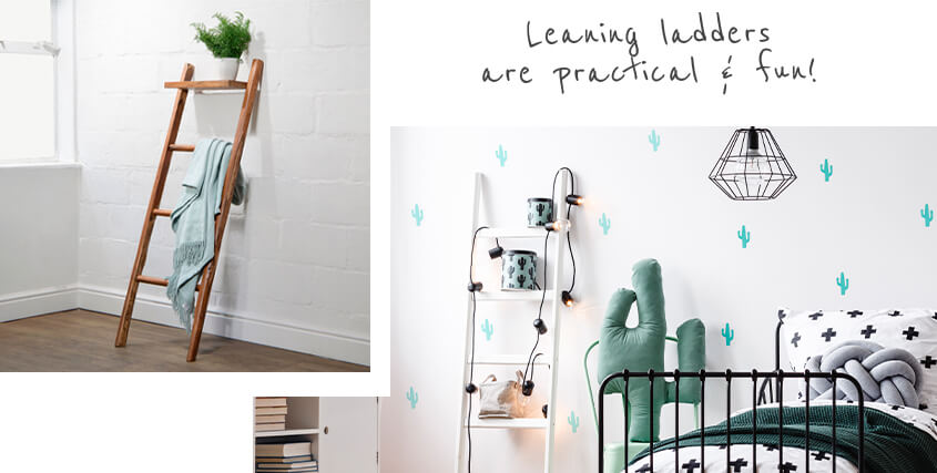 Two images, left one of wooden leaning ladder standing against white wall with potplant on top shelf and duck egg throw over slat and right image is a black metal bed with green, white and black bedding and grey knot cushion as well as a white wooden leaning ladder containing decorative items